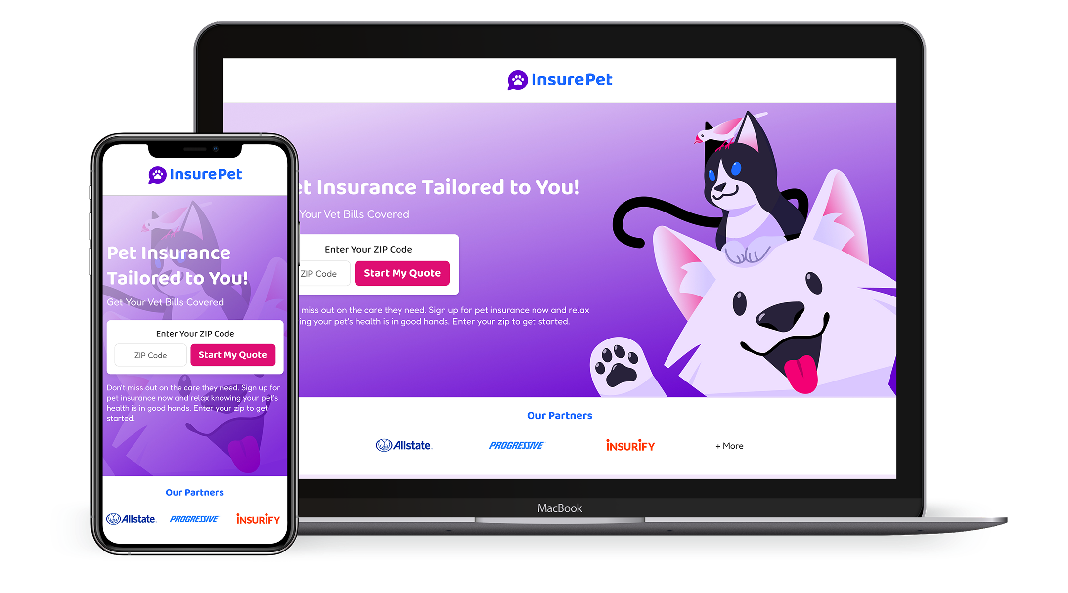 InsurePet landing page shown on a laptop and phone