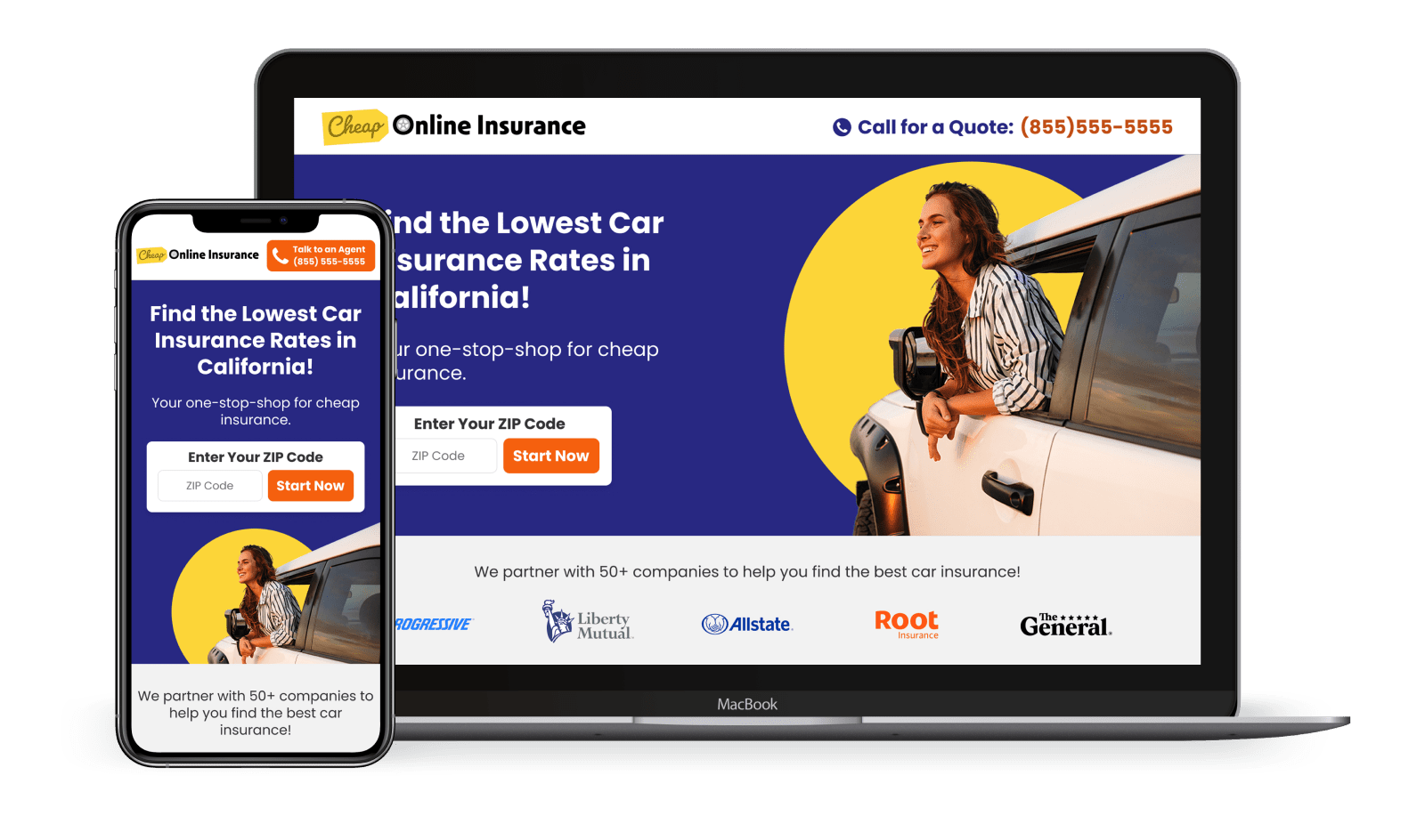 Cheaponlineinsurance landing page shown on a laptop and phone