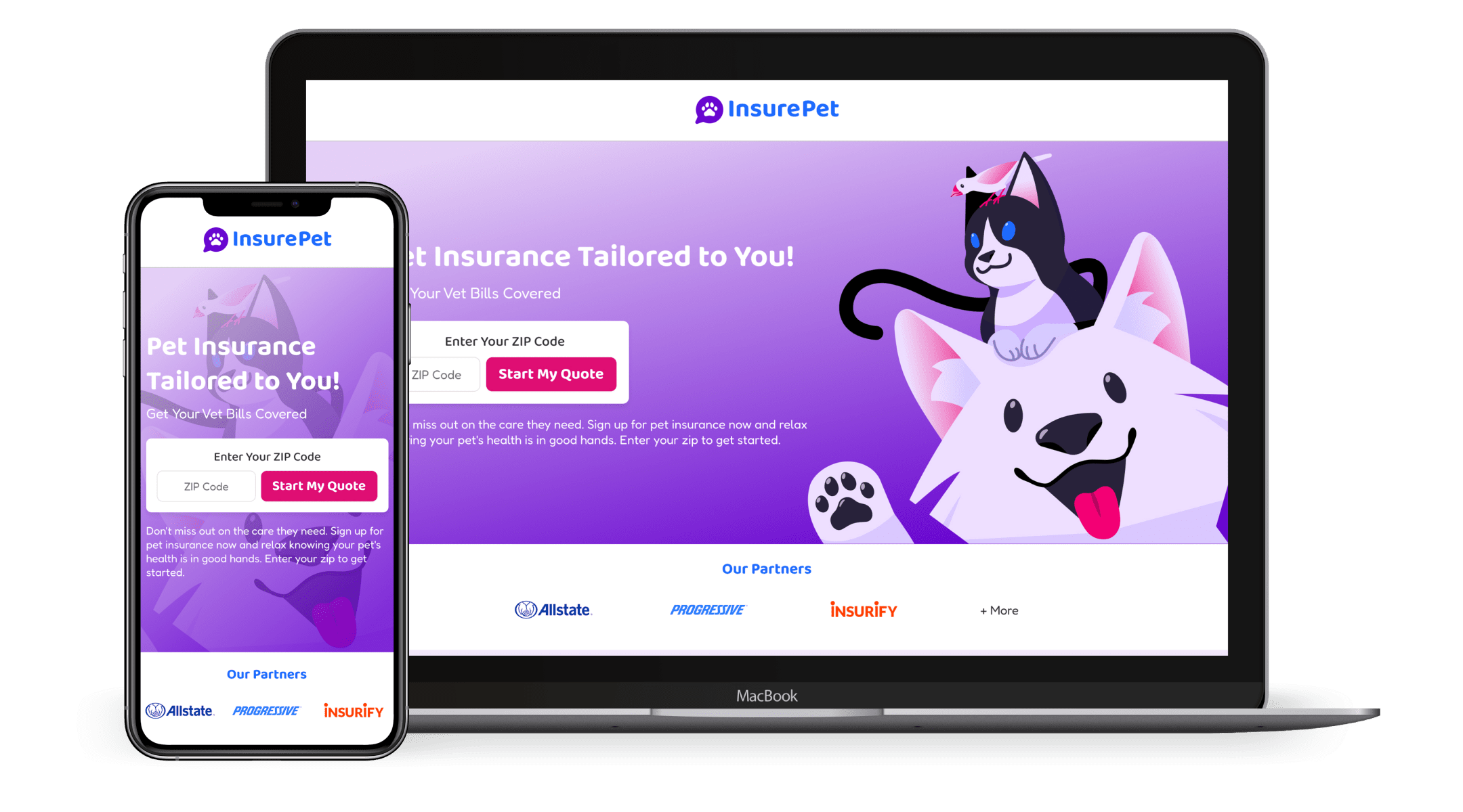 InsurePet landing page shown on a laptop and phone